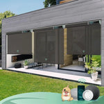 3% openness alpine rock motorised outdoor blinds in an exterior patio, offering shade and UV protection.