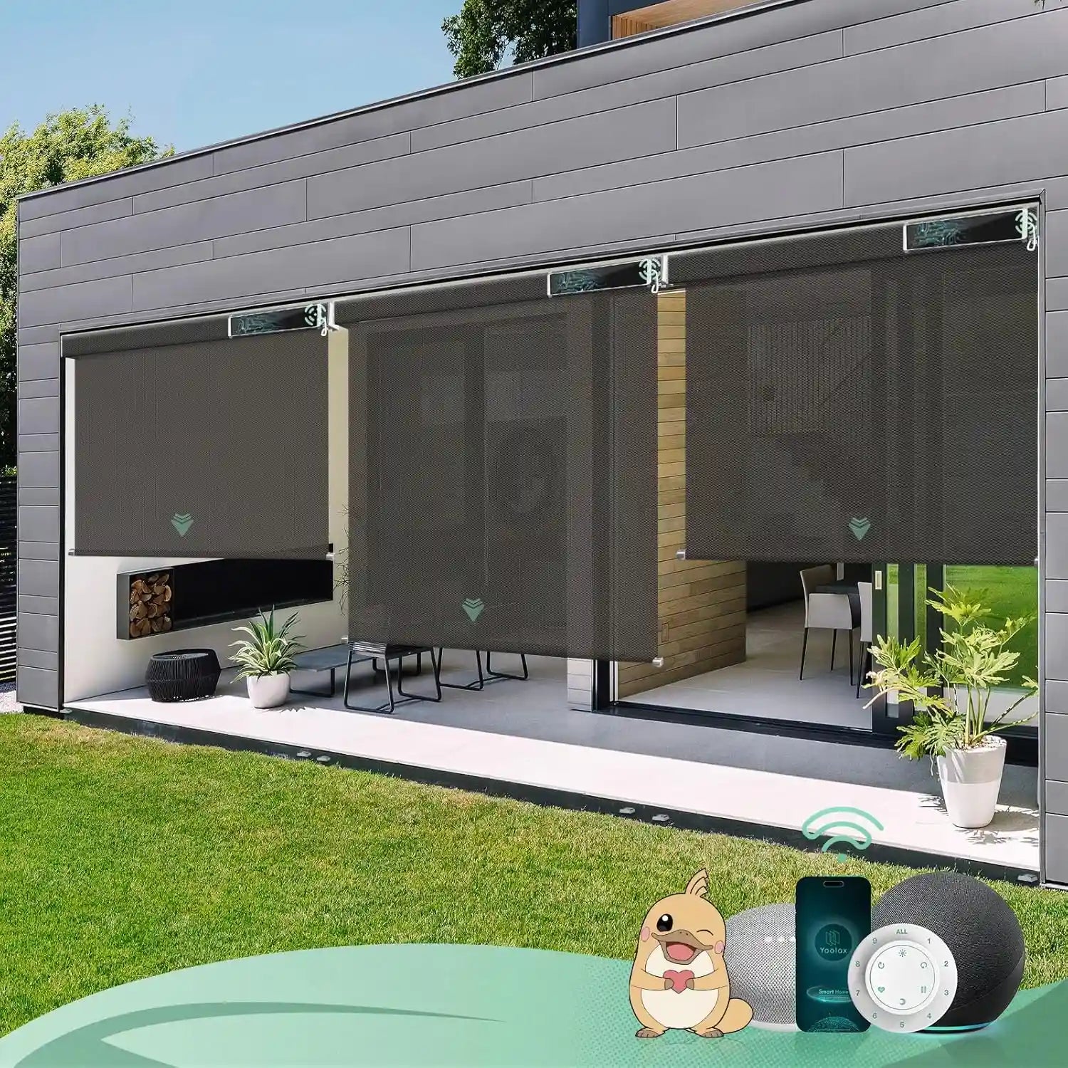 3% openness alpine rock motorised outdoor blinds in an exterior patio, offering shade and UV protection.