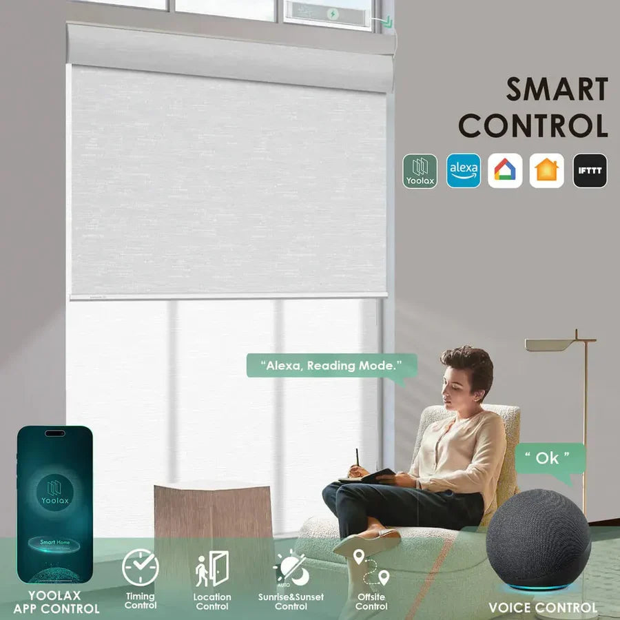 Smart control of double roller blinds via Alexa, Google Home and voice control for modern convenience.