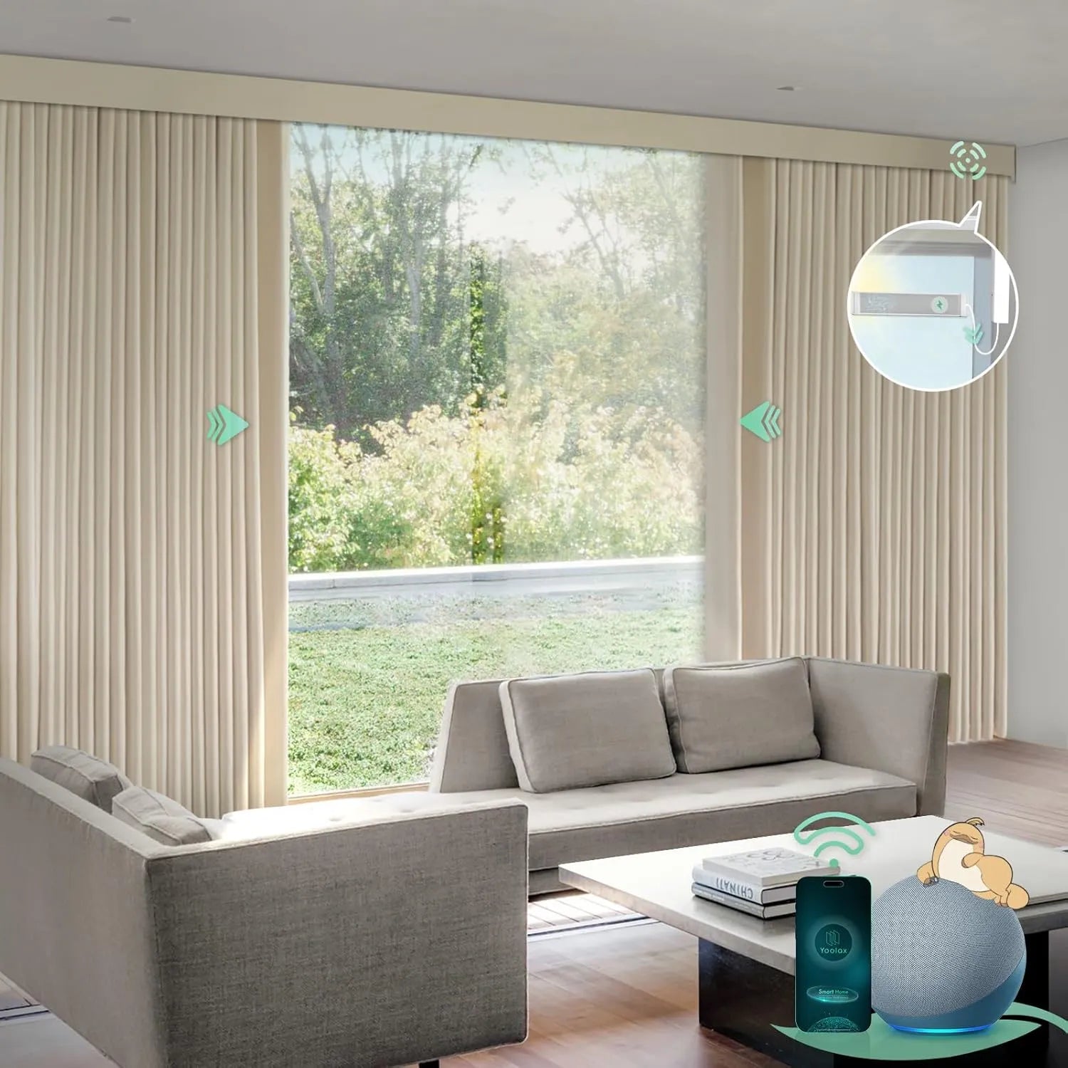 Champagne color custom blockout XL curtains installed on a balcony, providing privacy and light control