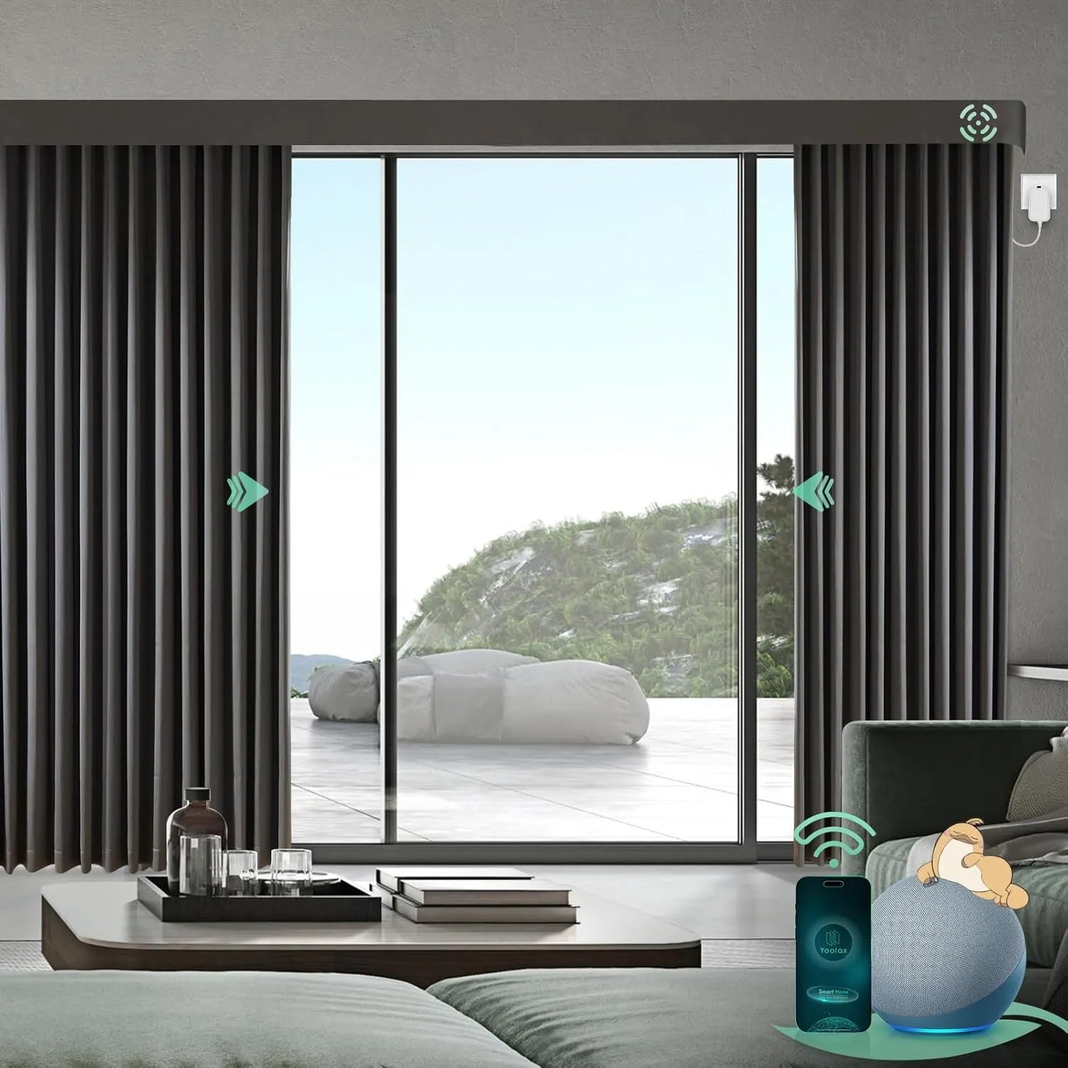 Dark grey custom XL light filter curtains installed above a sliding door, providing privacy and light filtering