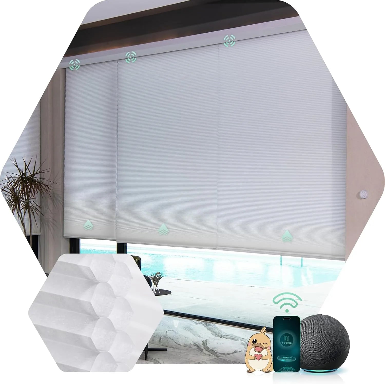 Double-cell half-shading white motorised honeycomb blinds in a room with a pool view, offering light filtering.