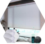 Half-shading white motorised honeycomb blinds in a room with a pool view, offering light filtering.