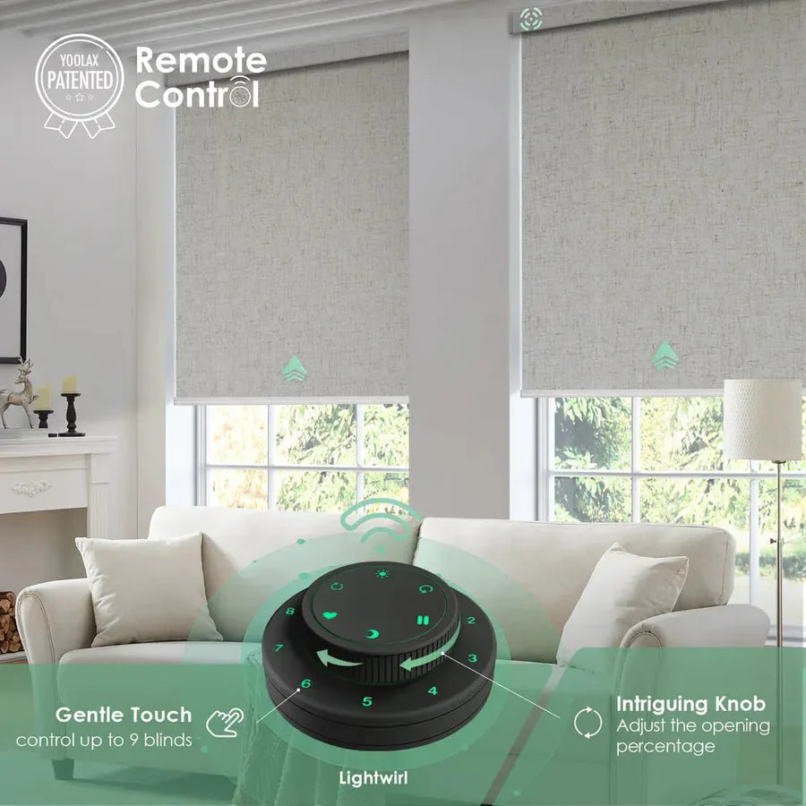 Remote control operating linen beige color blackout roller blinds, rechargeable for convenience and light control