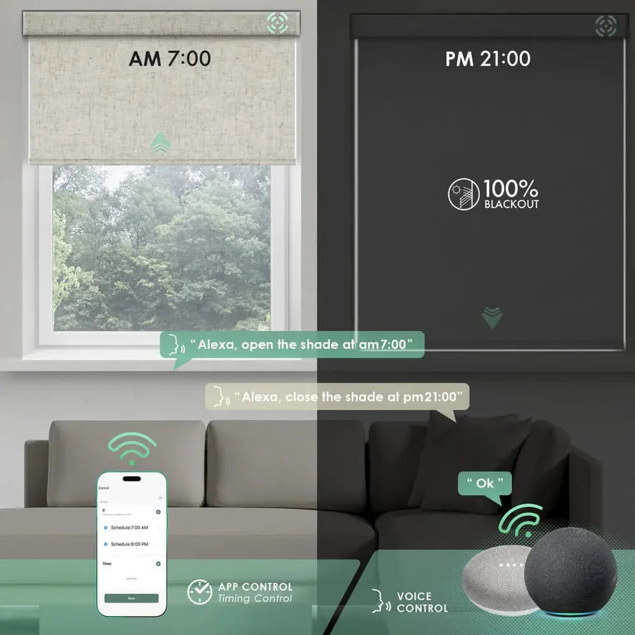 Linen beige blockout roller blinds with smart control, scheduled to open at 7 AM and close at 9 PM via phone.