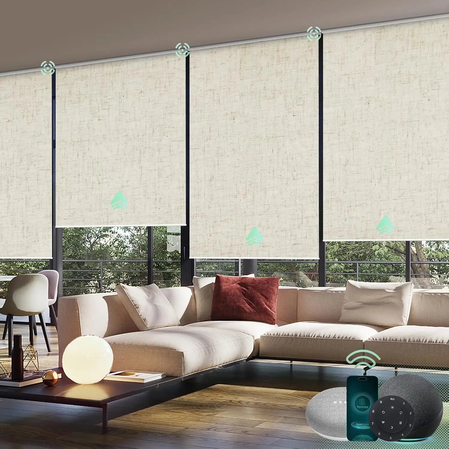 Linen beige blockout roller blinds installed in a living room, providing privacy and light control.