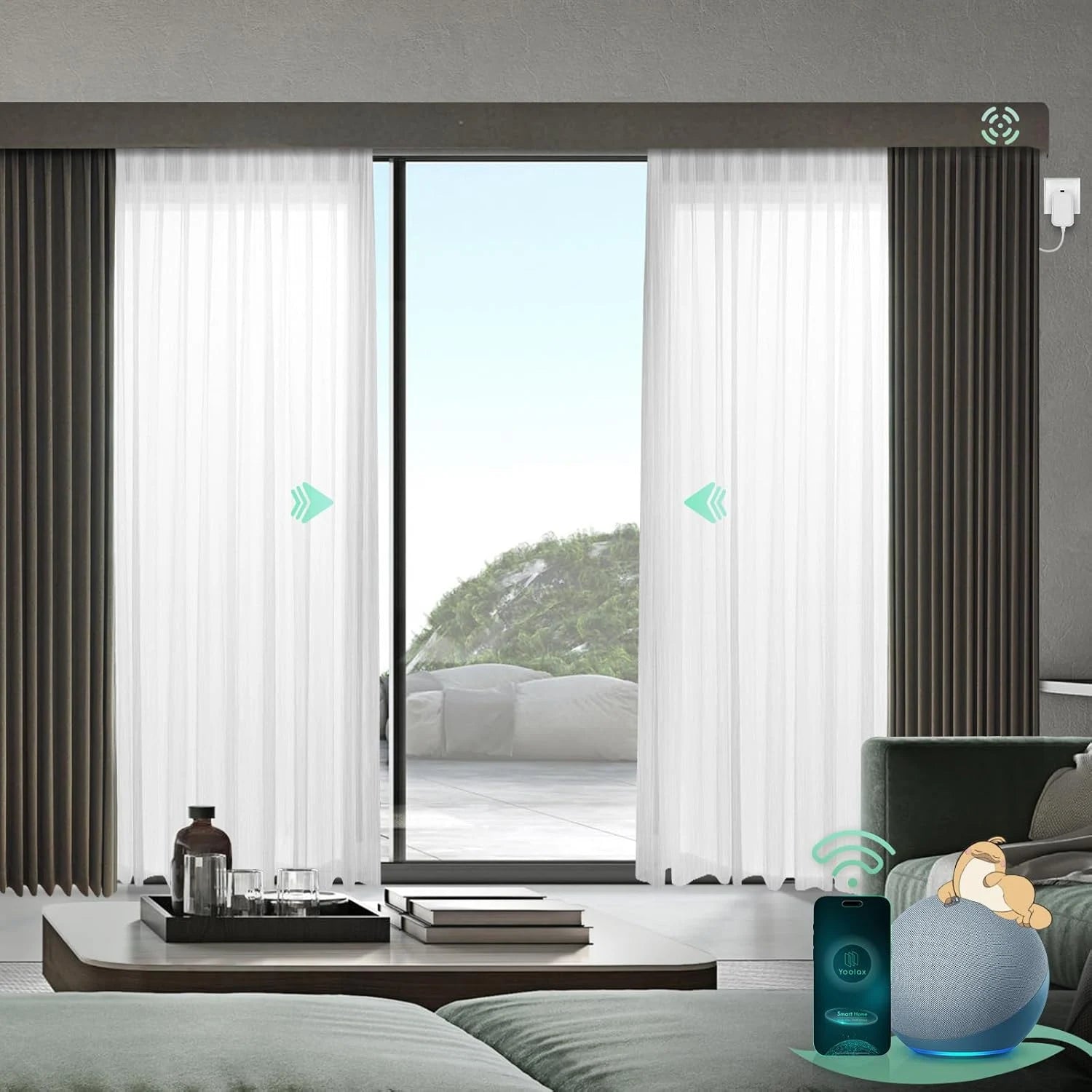Motorised sheer XL curtains, hardwired and installed above a sliding door, provide privacy and light filtering