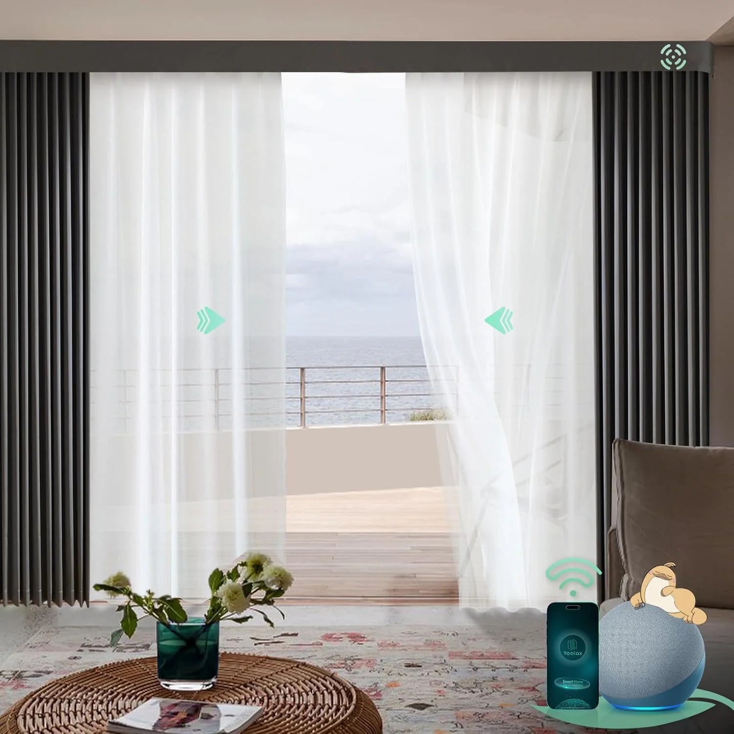 Motorised sheer XL curtains rechargeable installed on a balcony, provide privacy and light filtering