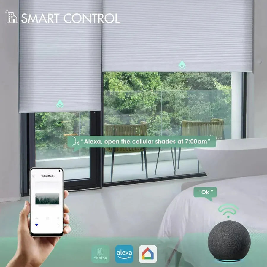 Smart control of motorised honeycomb blinds via Alexa, Google Home, and voice control for modern convenience.