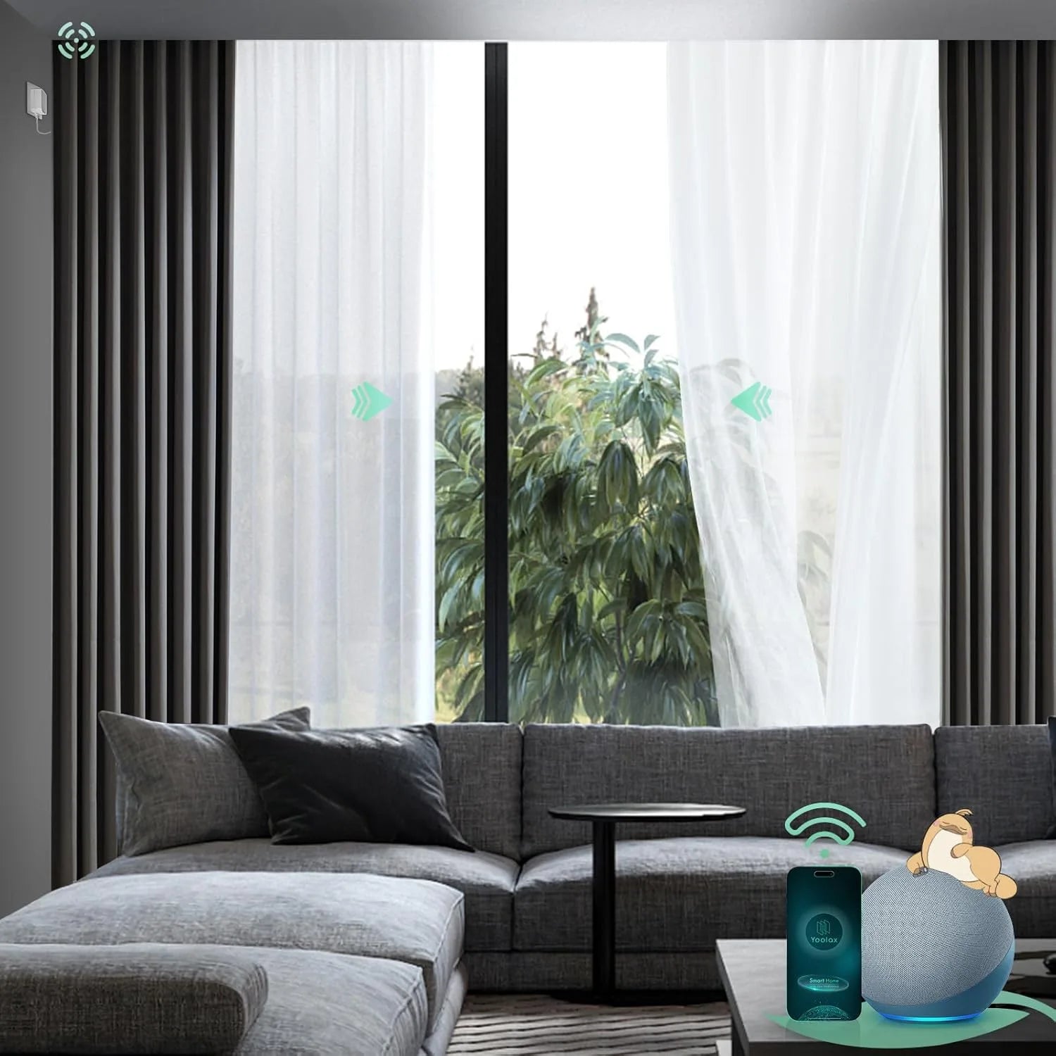 Motorised sheer curtains, hardwired and installed above a sliding door, provide privacy and light filtering