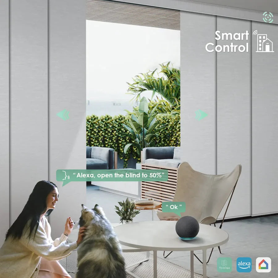 Adjust the opening and closing of the track shades, controlled by voice, app, Google Home, and Alexa.