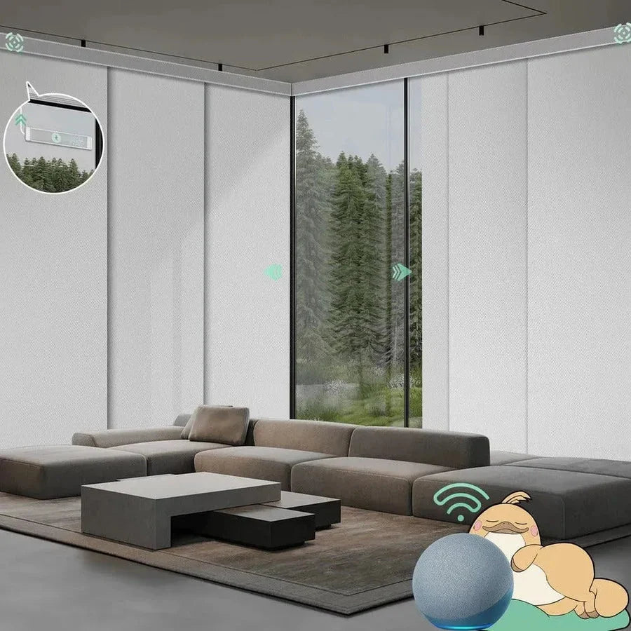 Pure white motorised panel glide blinds are installed in the living room, providing privacy and light control.