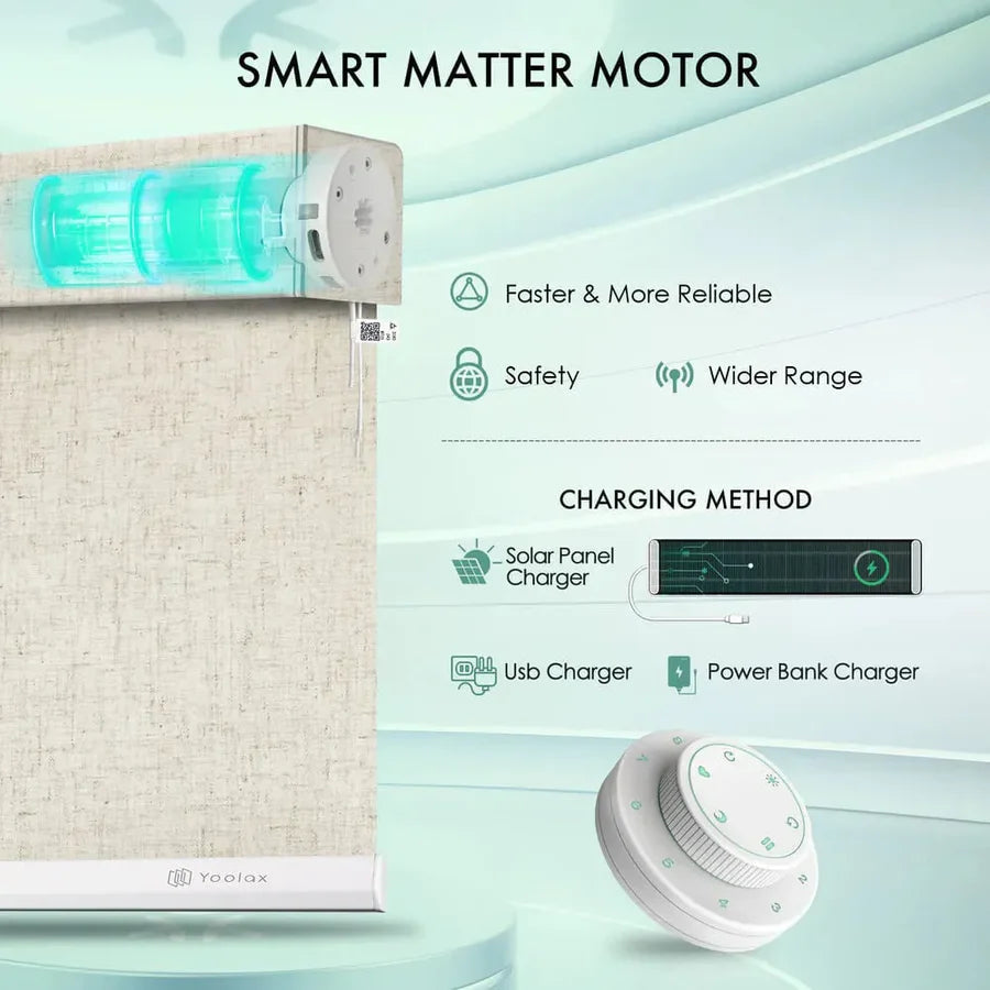 Roller blind with smart Matter motor, featuring Matter advantages, solar charging, and 9-channel remote control.
