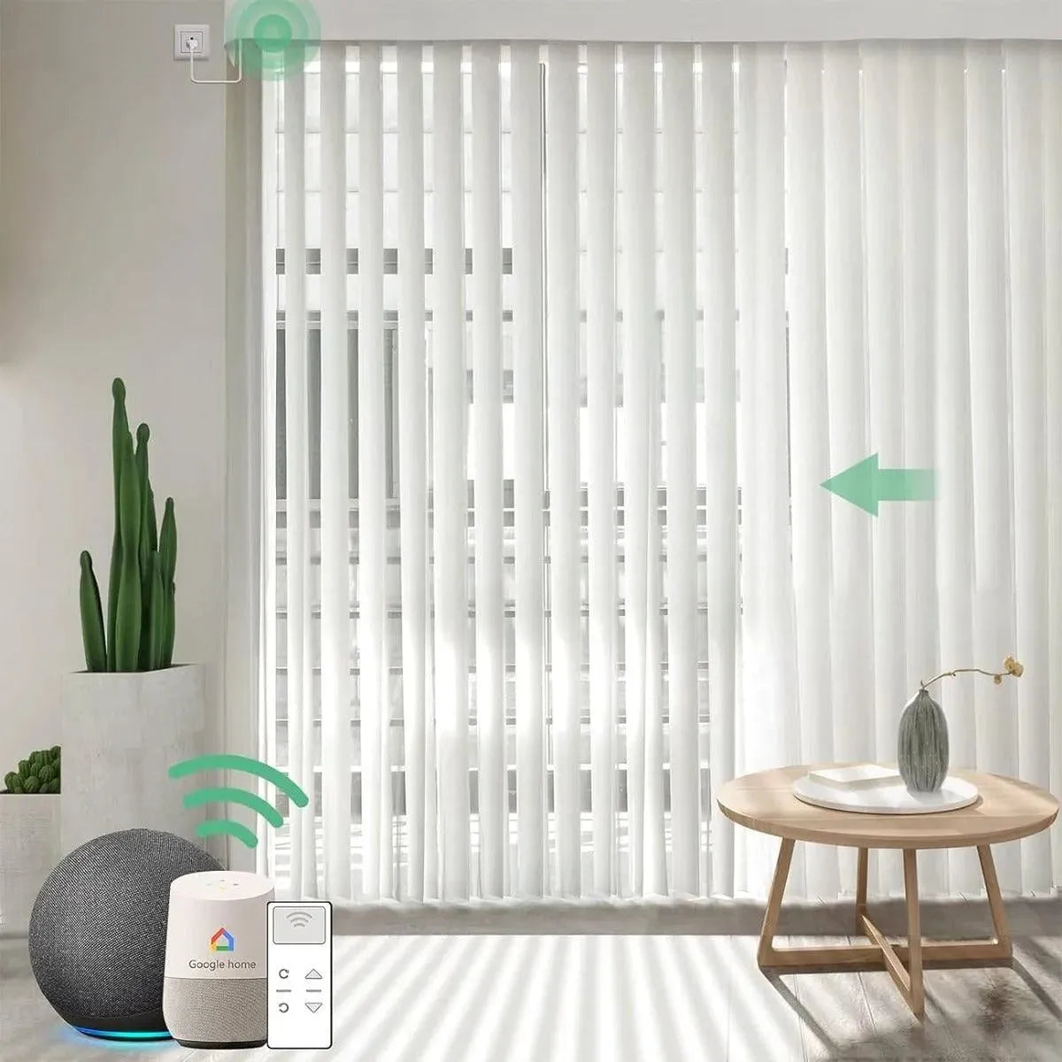 S-white motorised veri shades are installed in the living room, providing privacy and light control.