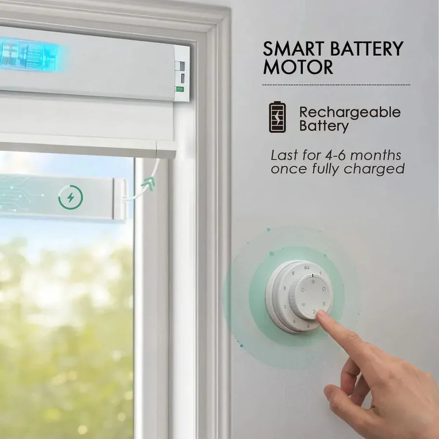 Smart battery motor for honeycomb blinds with 4-6 months battery life, solar panel option, and remote control.