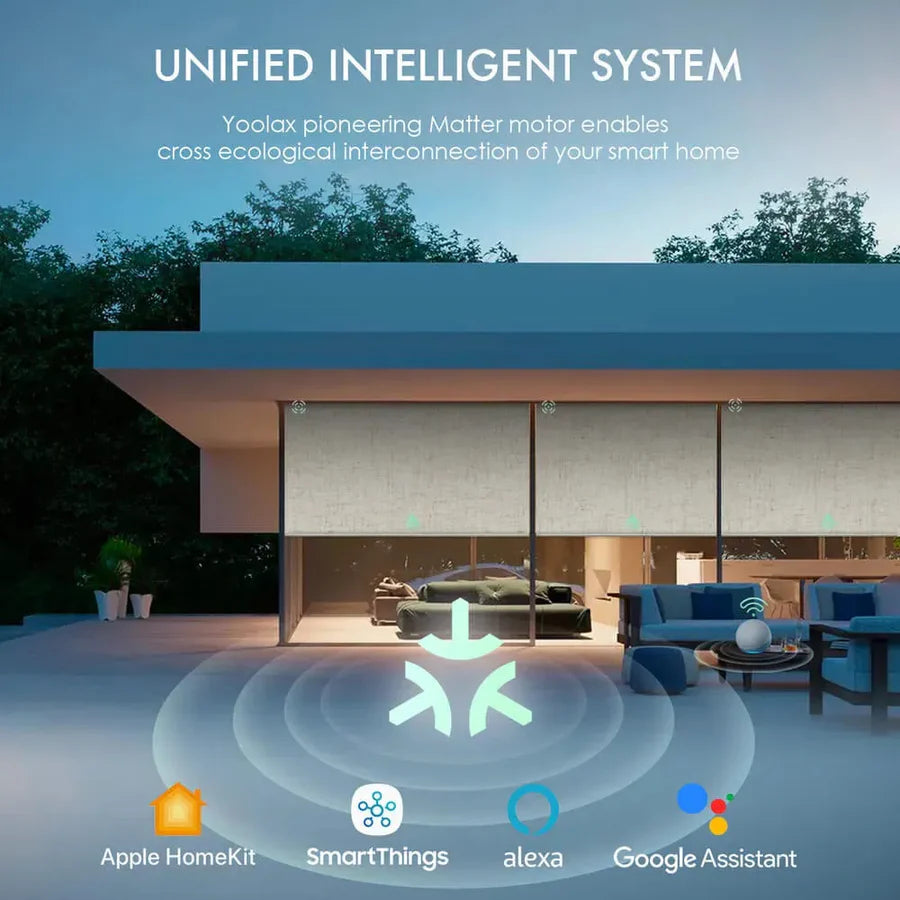 Smart control of matter motorised roller blinds via Alexa, Google Home, SmartThings, and Apple Homekit.