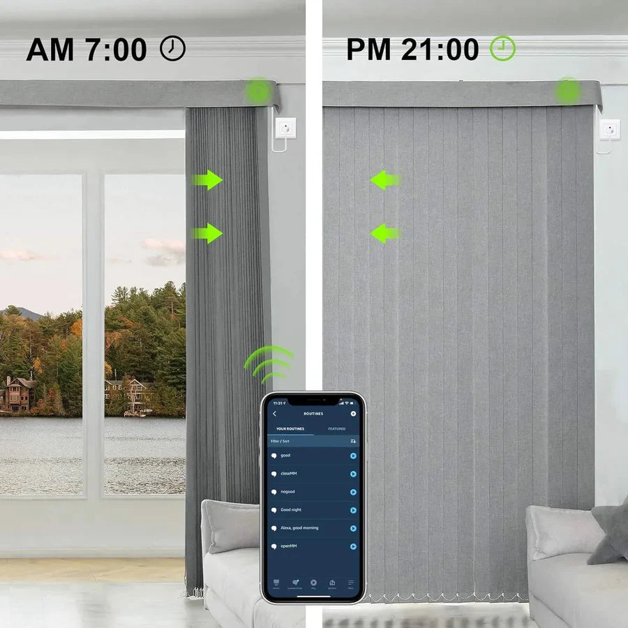 V-smoky grey blockout vertical blinds with smart control, scheduled to open at 7 AM and close at 9 PM via phone.