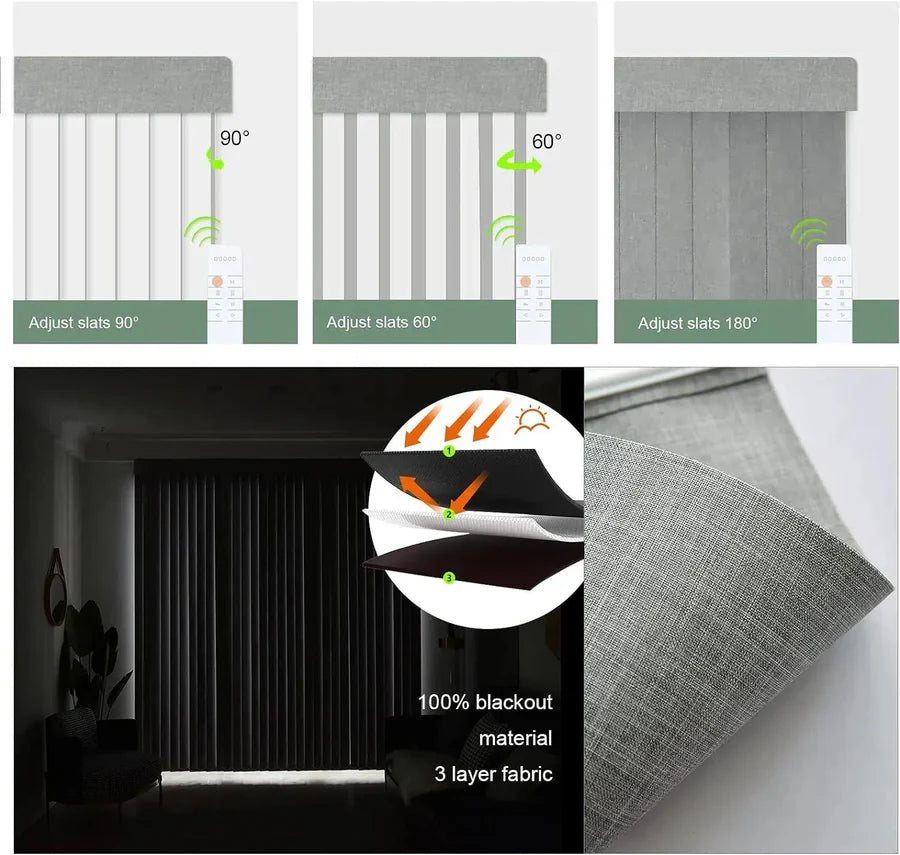 V smoky grey motorised vertical blinds adjusting light angles and providing full blockout when fully closed