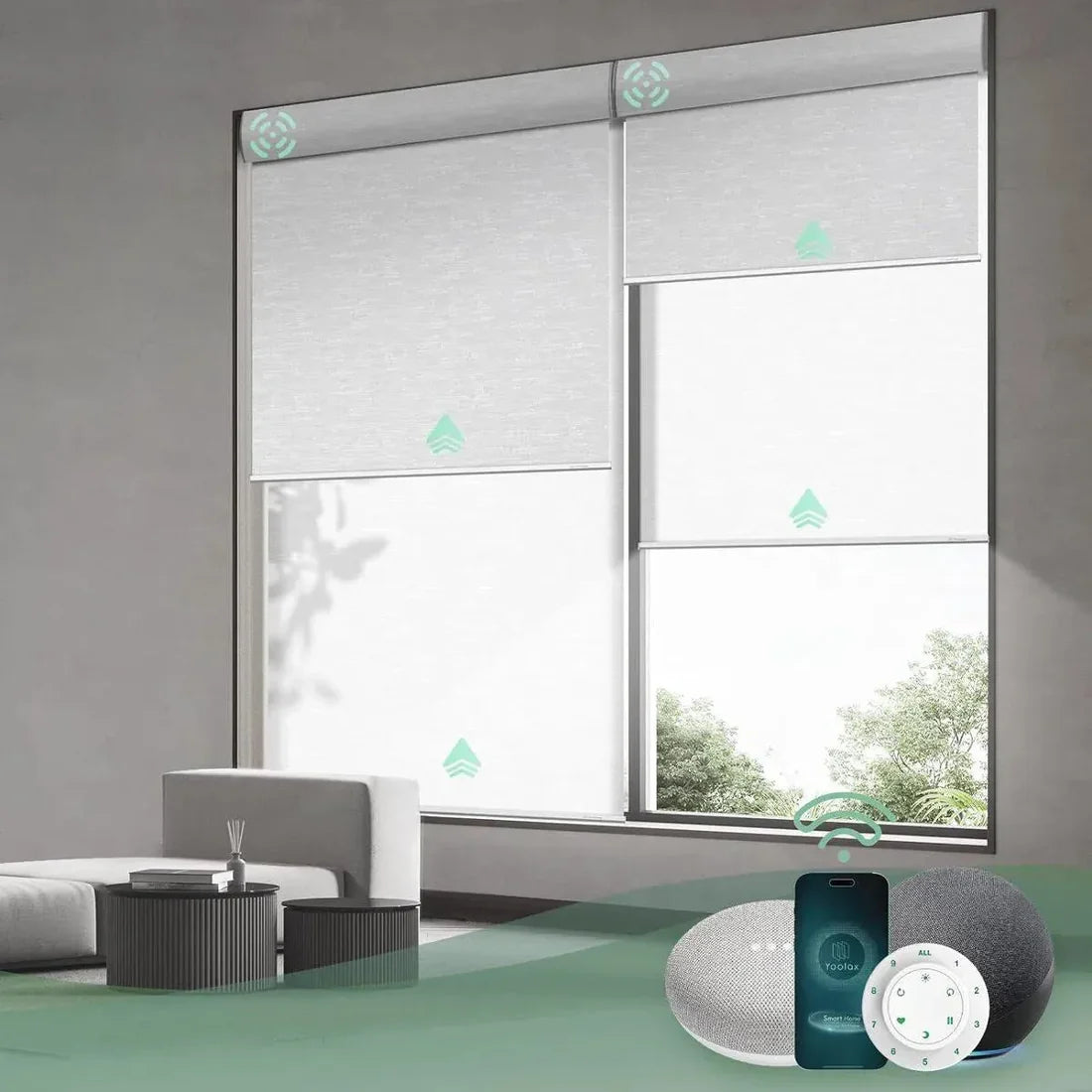 Yoolax motorised double roller blinds in a living room, featuring blockout and light-filtering layers for light control