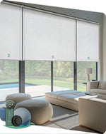 Jacquard white motorised blockout linked roller blinds covering wide windows, offering seamless light control and a clean modern interior look