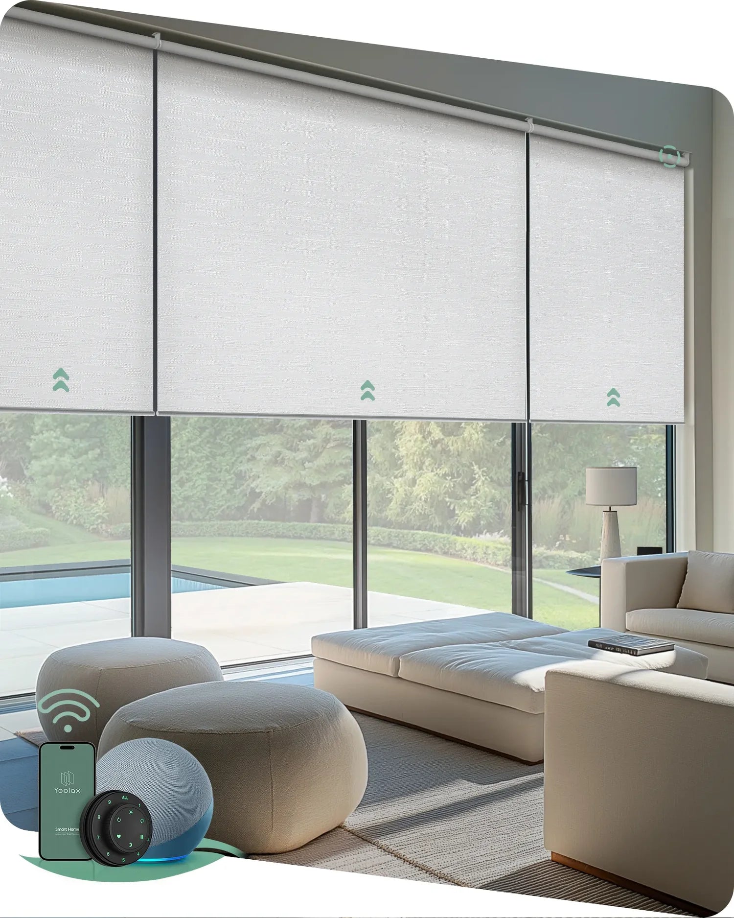 Jacquard white motorised blockout linked roller blinds covering wide windows, offering seamless light control and a clean modern interior look