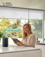 Smart voice control for jacquard white  motorised linked roller blinds, compatible with Alexa for hands-free daily use