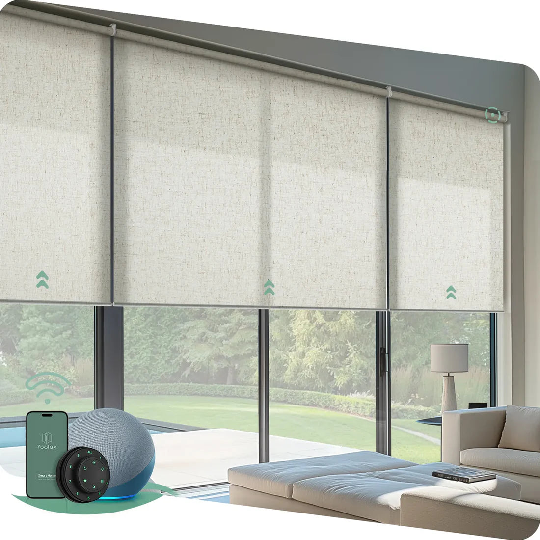 Motorised light filtering linked roller blinds in linen beige fabric, designed for wide windows with soft daylight diffusion and synchronized control