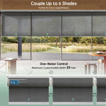 Motorized coupled roller shades for large windows with 3% openness greyish black fabric