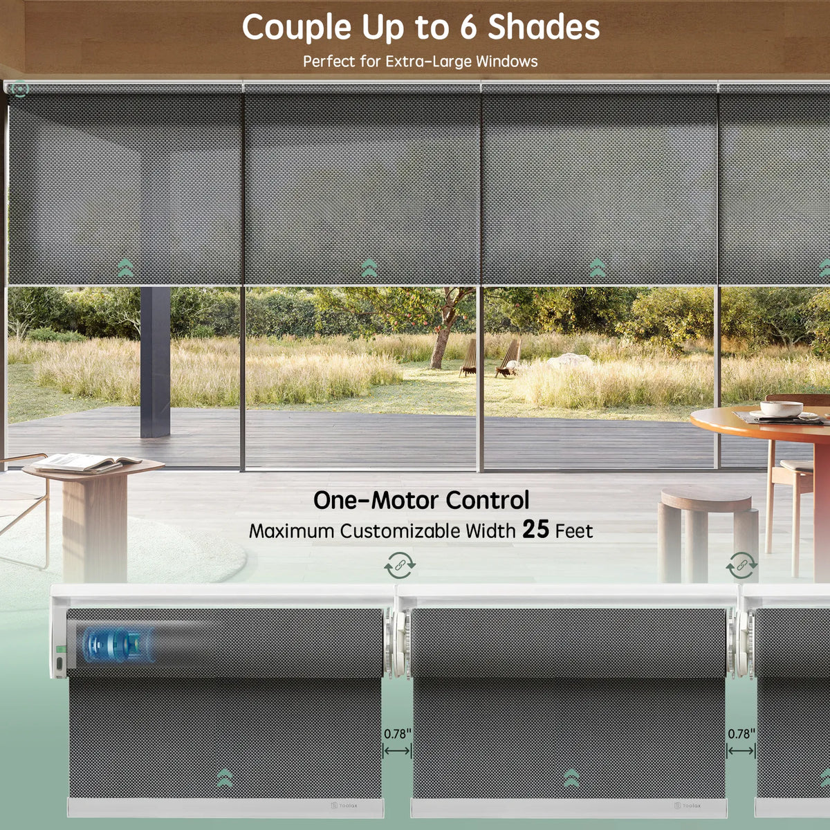Motorized coupled roller shades for large windows with 3% openness greyish black fabric