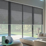 Motorized coupled roller shades with 3% openness greyish black fabric