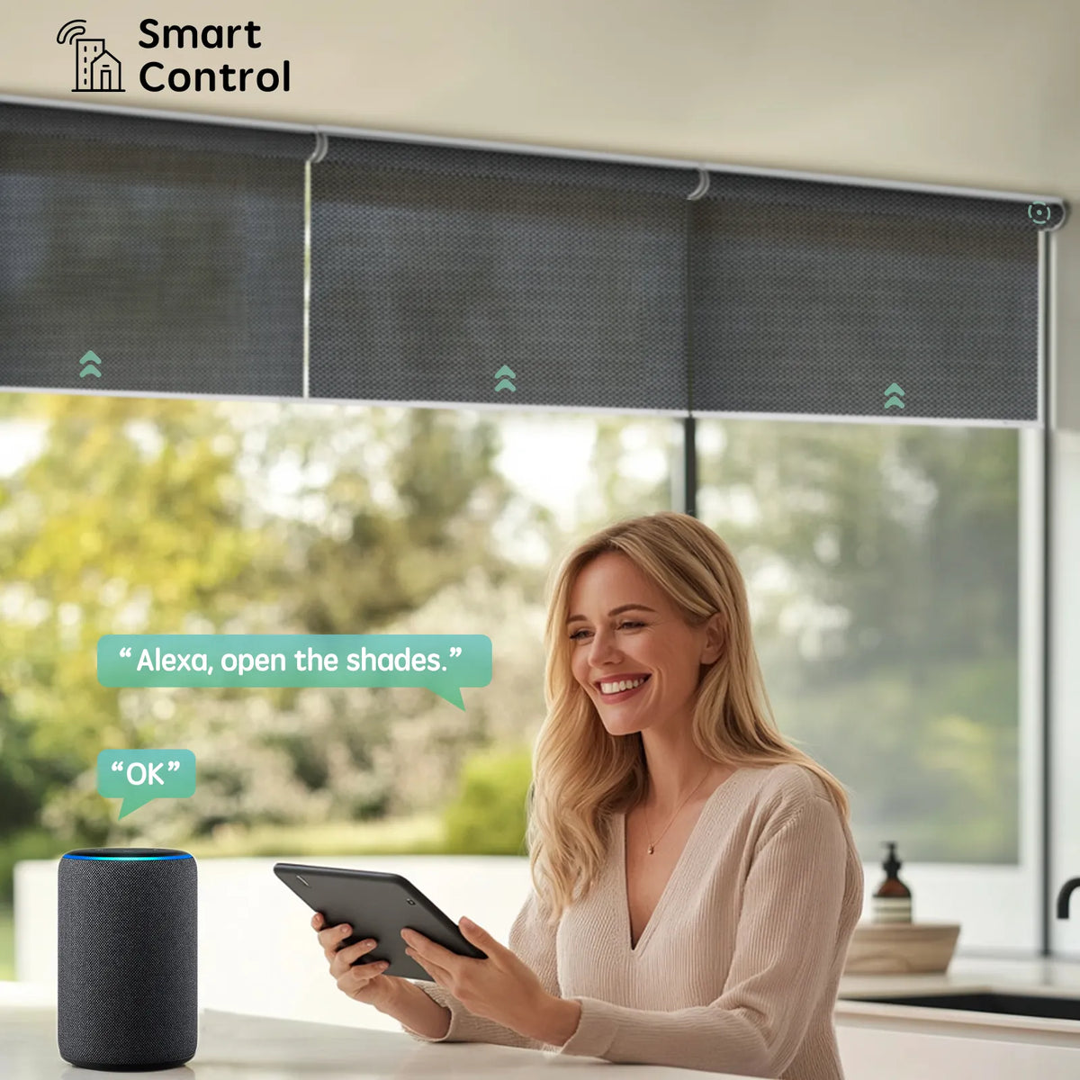 Smart controlled motorized coupled roller shades with 3% openness greyish black fabric