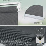 Motorized coupled roller shades with 3% openness greyish black fabric
