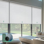 Motorized coupled roller shades with white blackout jacquard fabric