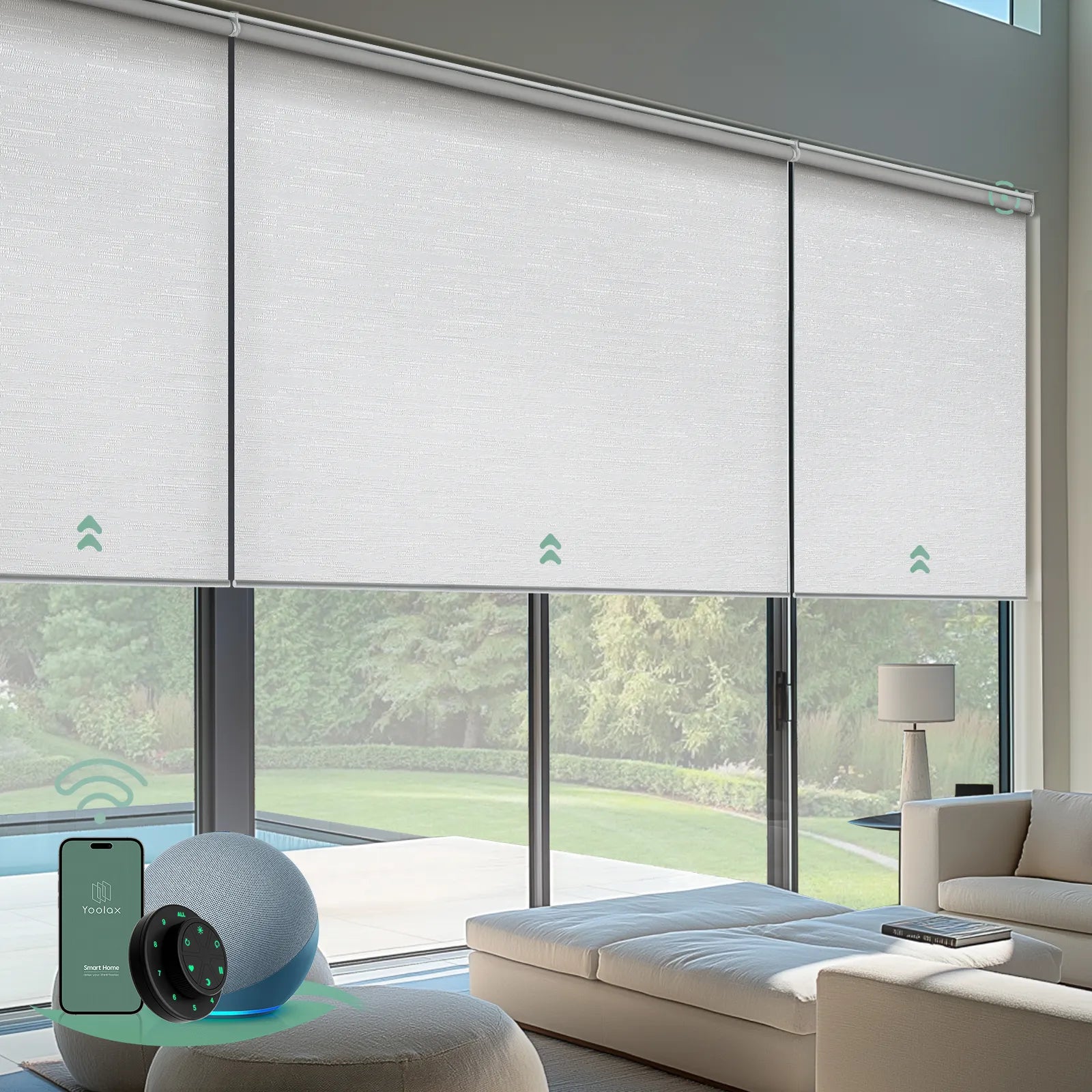 Motorized coupled roller shades with white blackout jacquard fabric