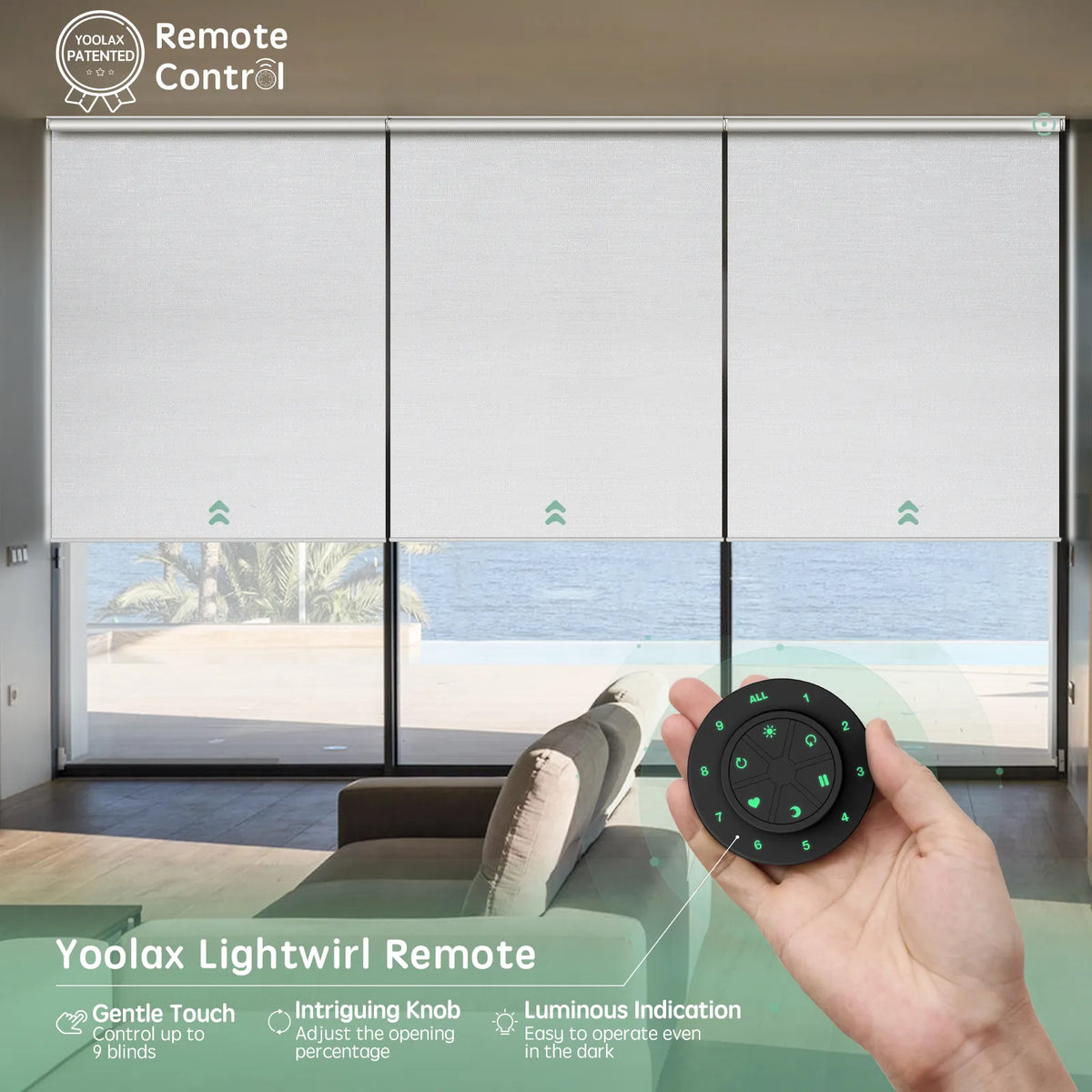 Motorized coupled roller shades with white blackout jacquard fabric and remote control