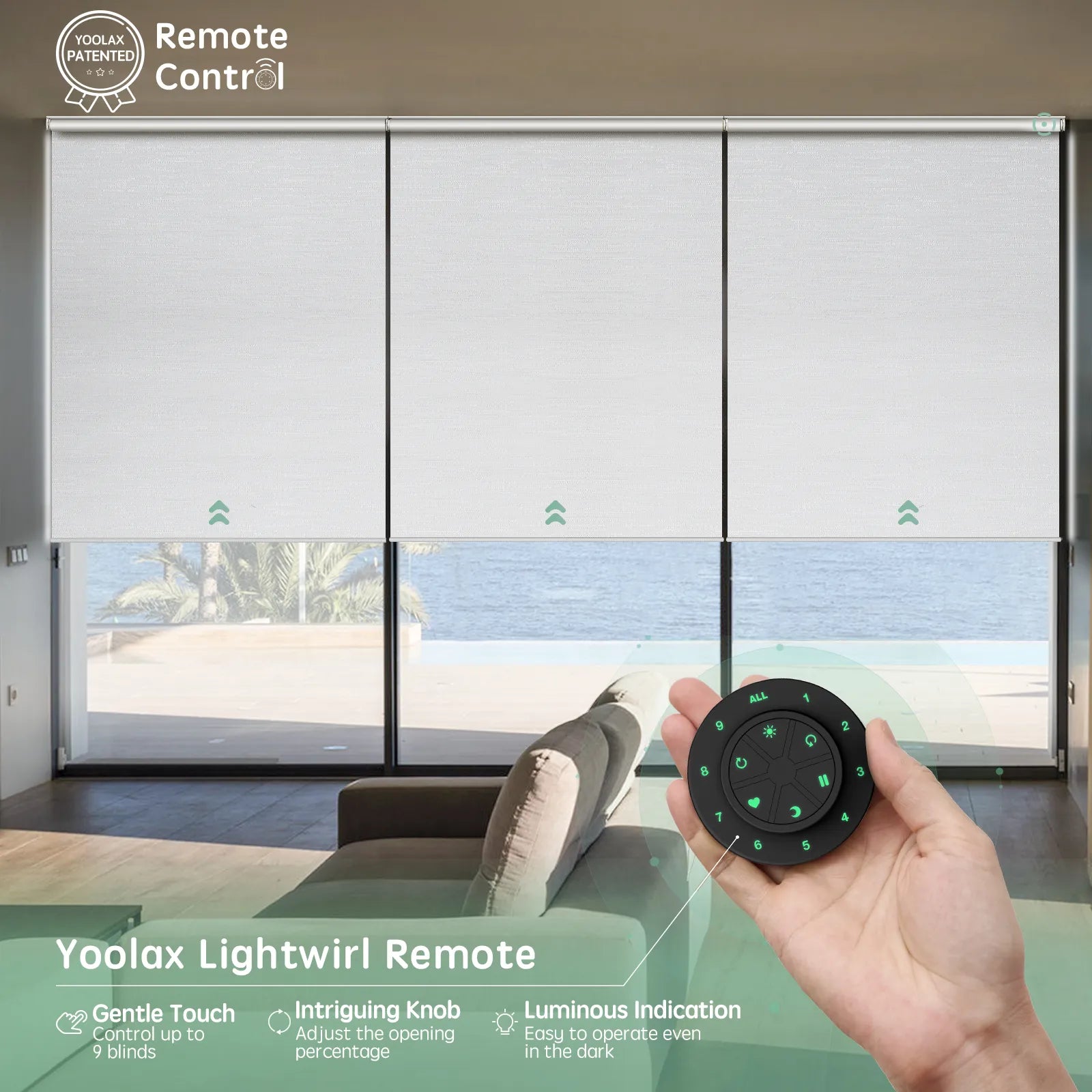 Motorized coupled roller shades with white blackout jacquard fabric and remote control
