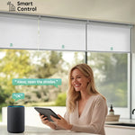 Smart controlled motorized coupled roller shades with white blackout jacquard fabric