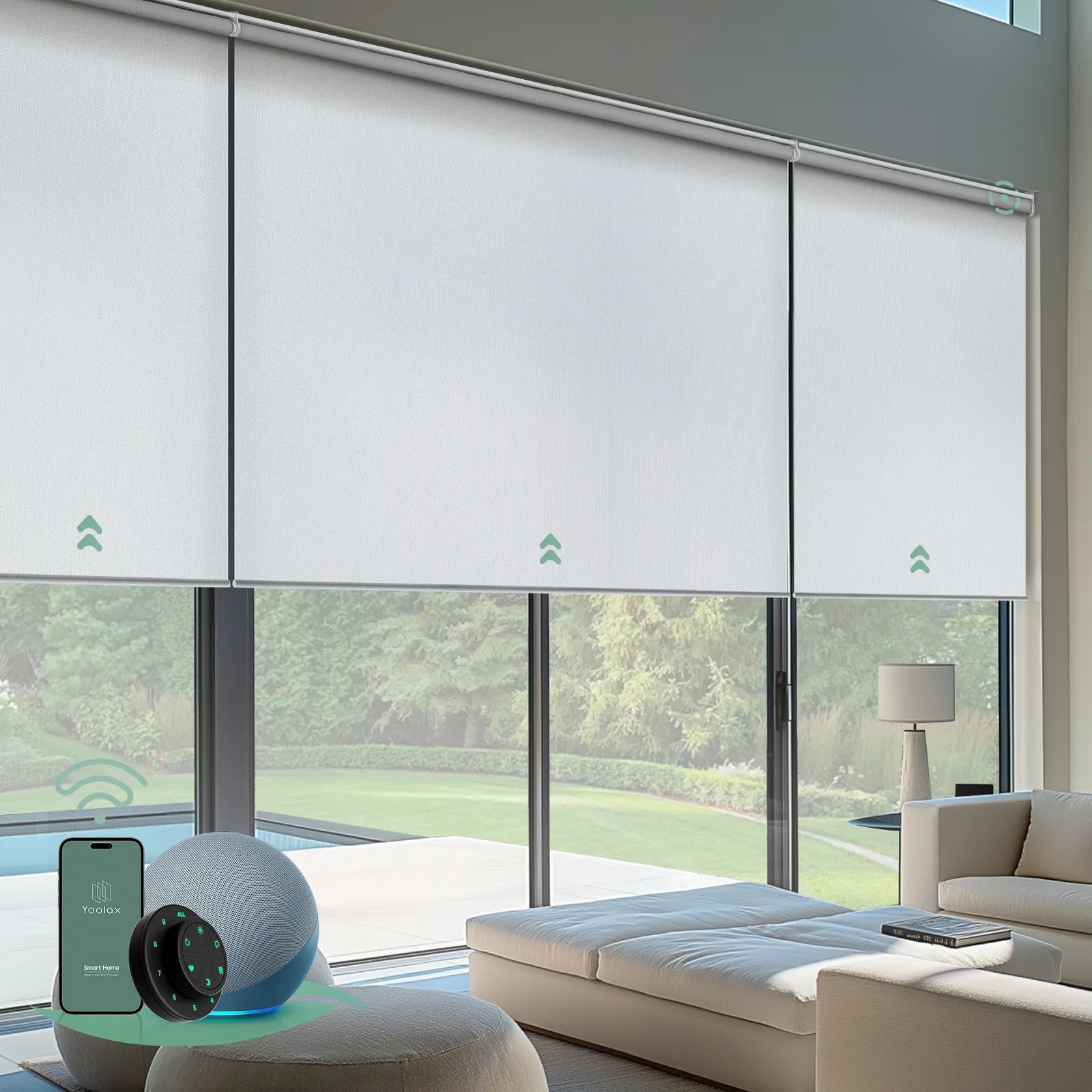 Motorized coupled roller shades with white fabric