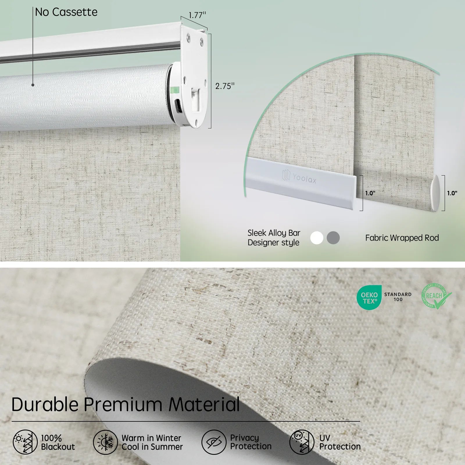 Motorized coupled roller shades in light filtering linen beige fabric