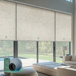 Motorized coupled roller shades with light filtering linen beige fabric