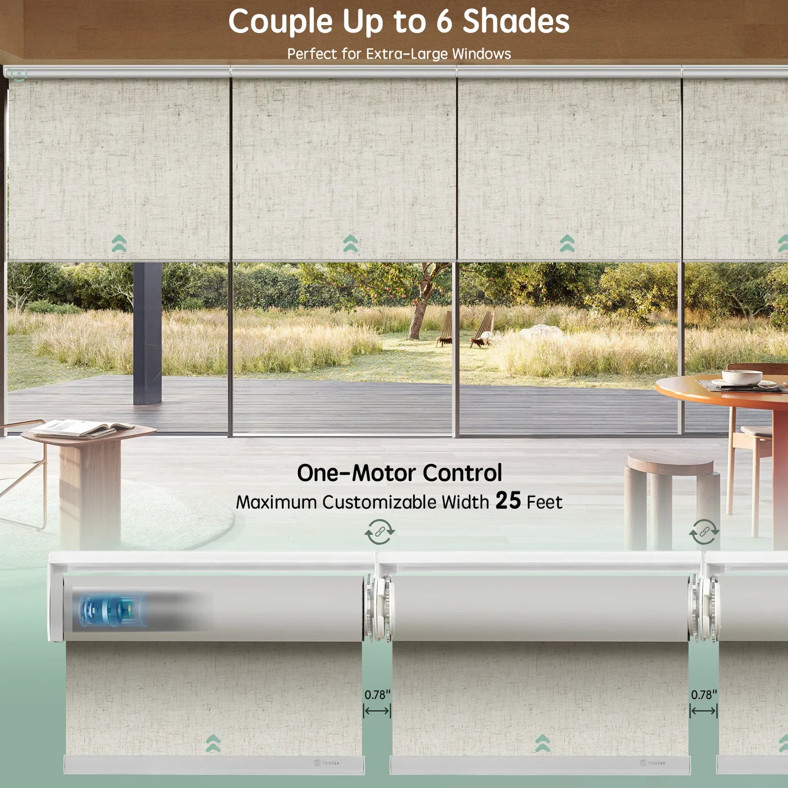 Motorized coupled roller shades with light filtering linen beige fabric for large windows