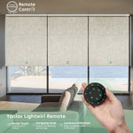 Light filtering linen beige motorized coupled roller shades with remote control
