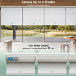 Smart controlled motorized coupled roller shades with white blackout jacquard fabric