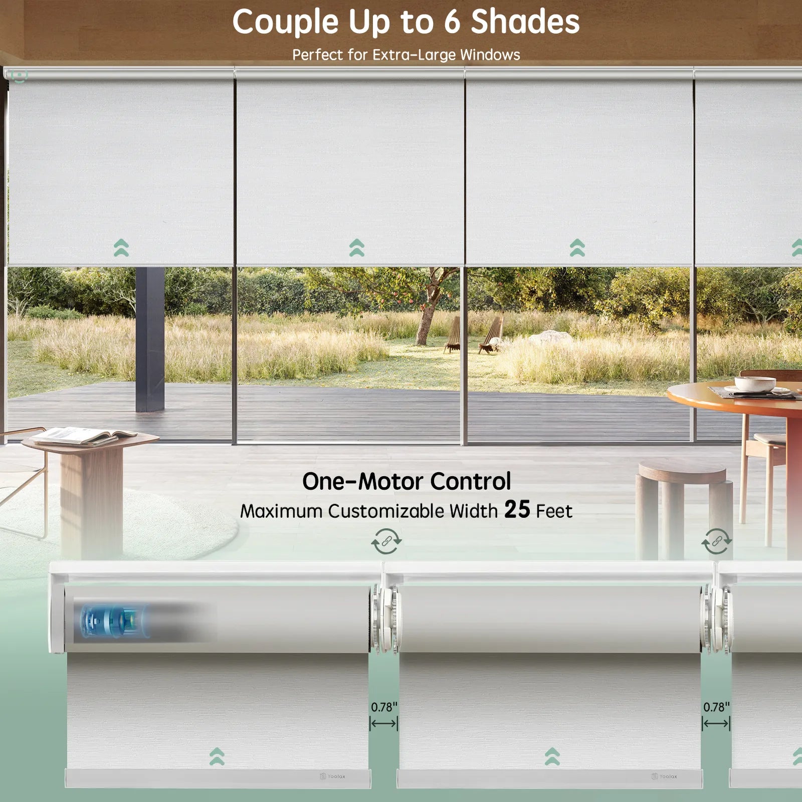 Smart controlled motorized coupled roller shades with white blackout jacquard fabric