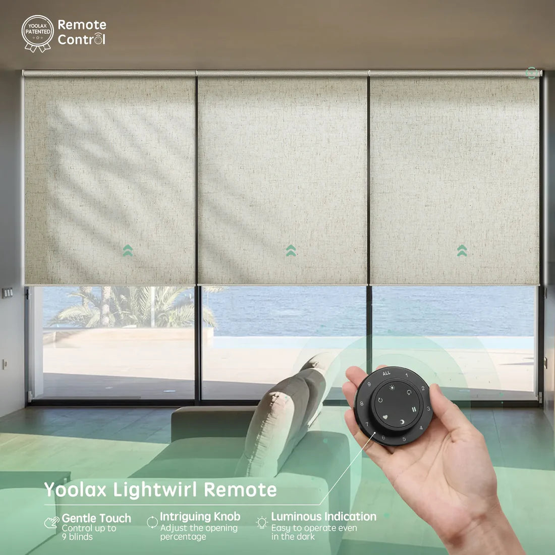 Motorised light filtering linked roller blinds with linen beige fabric, shown with Yoolax Lightwirl remote for synchronized control across wide windows