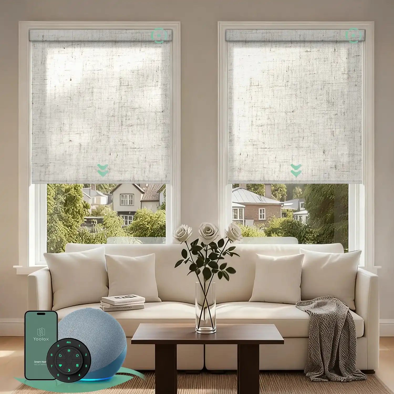 Linen beige light filtering roller blinds in a bright living room, providing soft natural light and daytime privacy