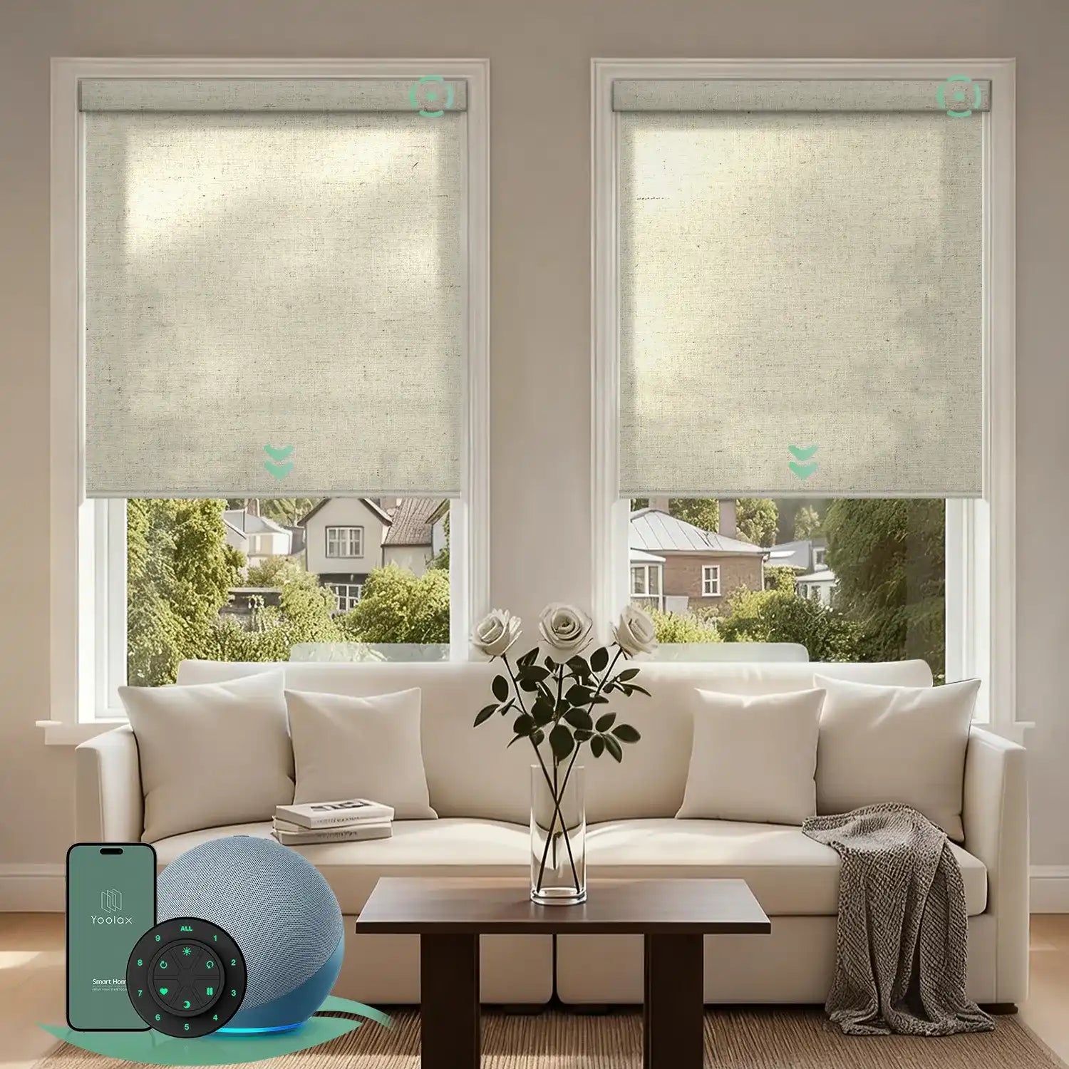 V haystack yellow motorised  light filtering roller blinds in a bright living room, providing soft natural light and daytime privacy