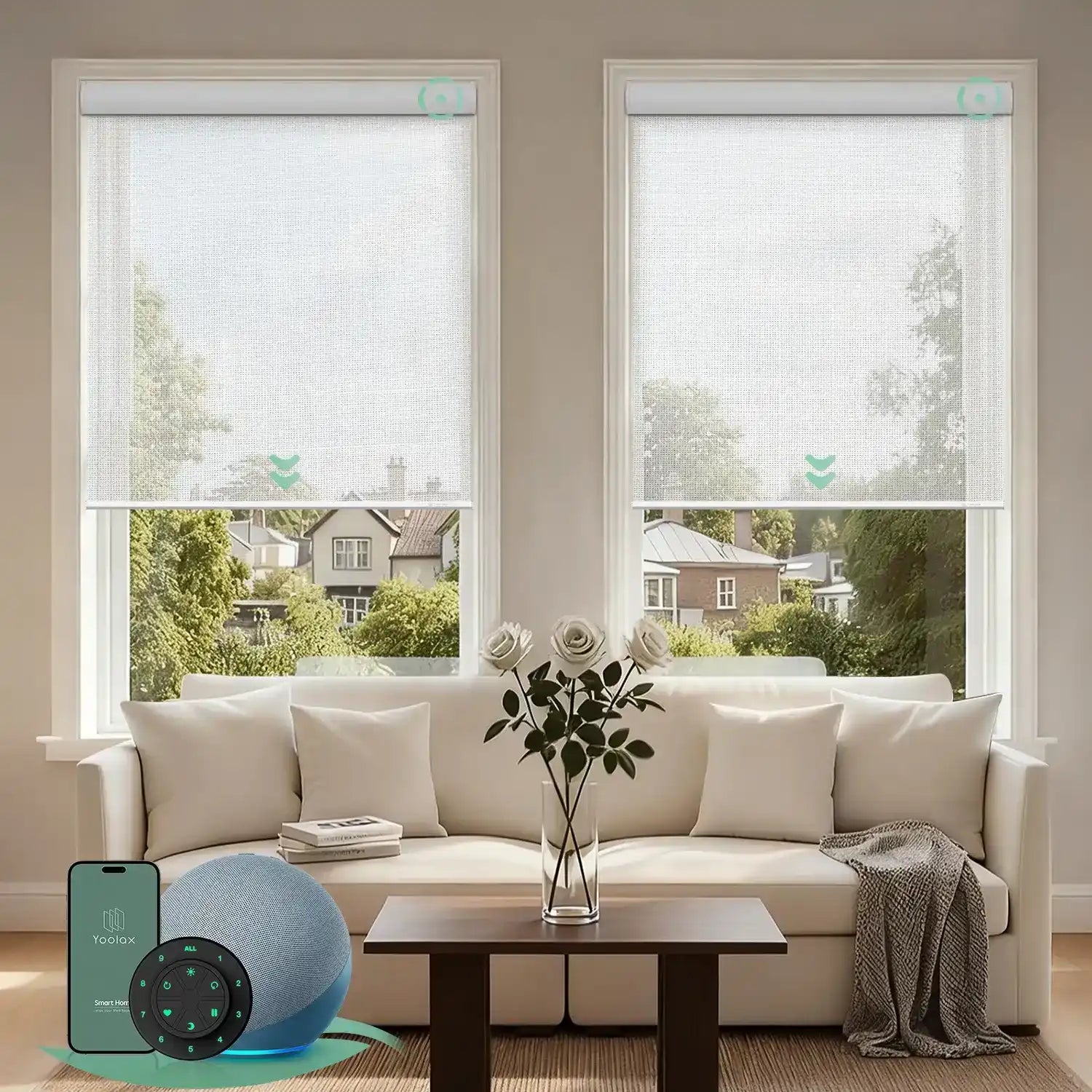 V haze white motorised  light filtering roller blinds in a bright living room, providing soft natural light and daytime privacy