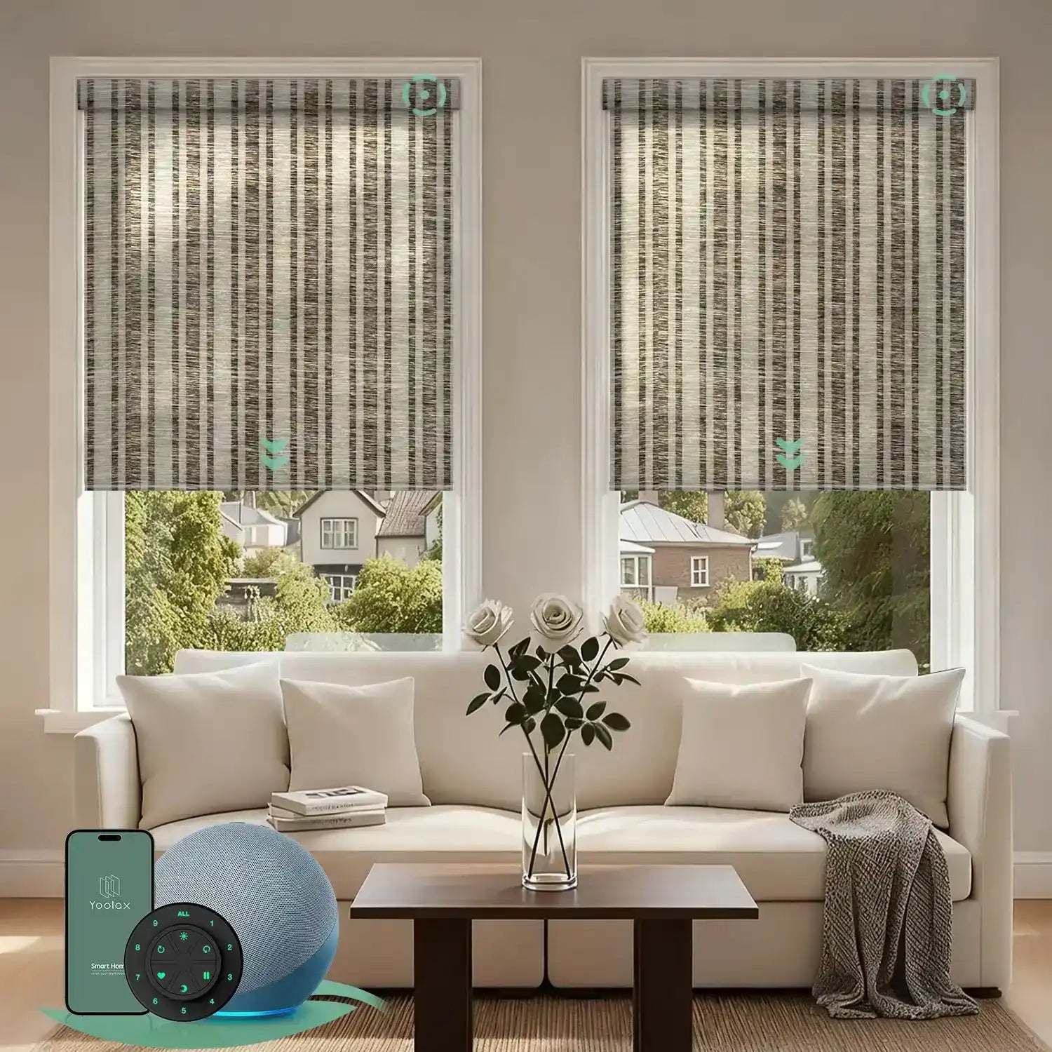 V jungle brown motorised  light filtering roller blinds in a bright living room, providing soft natural light and daytime privacy