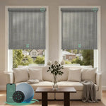 V jungle green motorised  light filtering roller blinds in a bright living room, providing soft natural light and daytime privacy